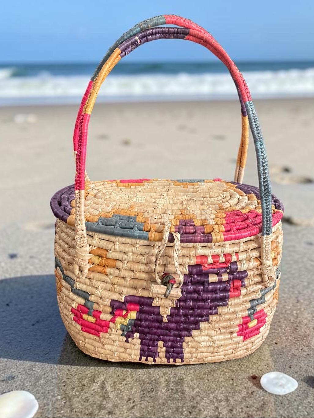 Handwoven Palm Summer Basket Tote Artisan Lidded Market Basket